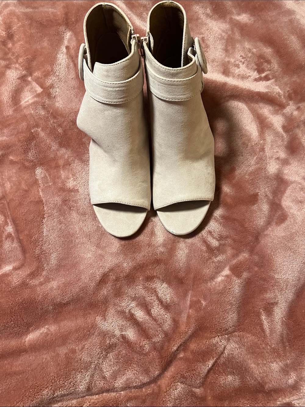 JustFab Taupe Suede Open-Toe Ankle Booties